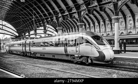 Un moderno treno si trova in una storica piattaforma ferroviaria sotto una tettoia di ferro del XIX secolo. Due membri dell'equipaggio parlano accanto a una colonna. Foto Stock