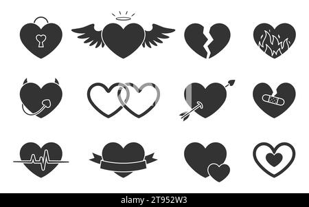 Set silhouette a glifo nero icona Love Heart, san valentino. Angelo di blocco incantato separazione del cuore spezzato matrimonio diavolo freccia cupida nastro a battito cardiaco cerotto di saluto riconciliare isolato Illustrazione Vettoriale