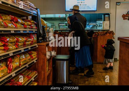Coppie Amish con bambini che fanno shopping al Doud's Market, il più antico negozio di alimentari d'America. Il negozio ha aperto a Mackinac Island nel 1884. Gli Amish tradizionali e originali sono popolari sull'isola di Mackinac a causa della loro abilità artigianale, ad esempio nella costruzione e riparazione di carrozze. Con i loro abiti, si distinguono difficilmente nel Doud's Market, il più antico negozio di alimentari d'America. Mackinac Island, Michigan, Stati Uniti Foto Stock