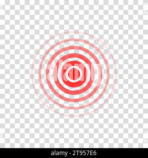 Onda circolare del dolore. Icona di destinazione. Impulso effetto rosso isolato su sfondo trasparente. Radar di segnale. Sonar pattern. Design della linea di vibrazione. Raggi radiali Illustrazione Vettoriale