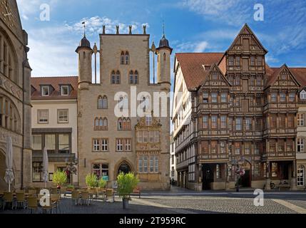 Storica piazza del mercato con Tempelhaus e Wedekindhaus, Germania, bassa Sassonia, Hildesheim Foto Stock