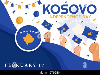 Illustrazione vettoriale del giorno dell'indipendenza del Kosovo il 17 febbraio con Waving Flag in Happy Republic Celebration Holiday su sfondo di cartone animato piatto Illustrazione Vettoriale