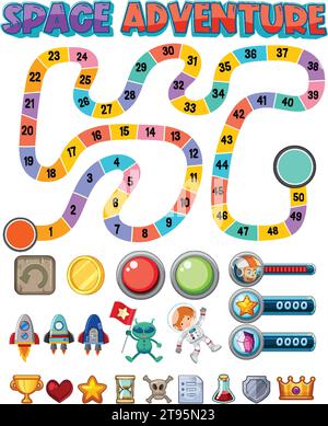 Illustrazione di un cartone animato vettoriale di un modello di gioco labirinto a tema spaziale Illustrazione Vettoriale