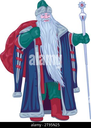 Ho coperto Moroz con la borsa dietro la schiena e il personale. Illustrazione vettoriale di Ded Moroz, il Babbo Natale russo. Vestito con un antico cappotto di pelliccia russo Illustrazione Vettoriale