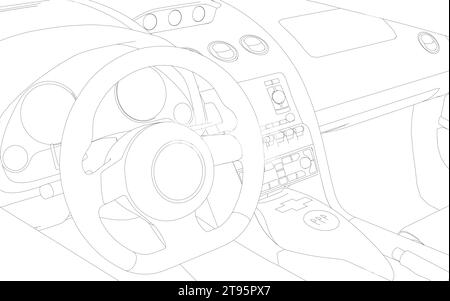 Il contorno dell'interno dell'auto dalle linee nere isolate su uno sfondo bianco. Vista dal sedile anteriore. 3D. Illustrazione vettoriale. Illustrazione Vettoriale