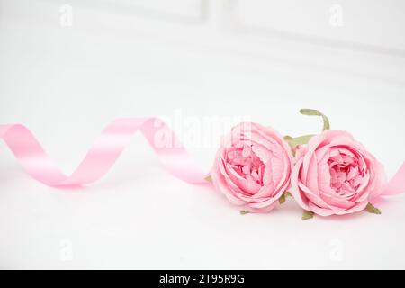 Due a forma di cuore di rose rosse e nastri isolati su sfondo bianco, il giorno di San Valentino Foto Stock