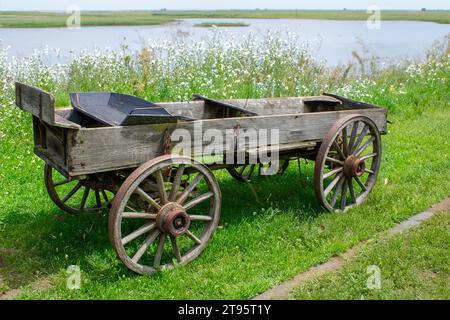 Vecchio carro di legno sull'erba vicino al lago in estate. Foto Stock