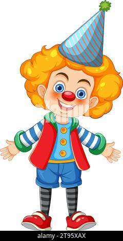 Una celebrazione con un simpatico personaggio dei cartoni animati che indossa abiti da clown colorati da circo Illustrazione Vettoriale