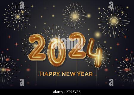 realistico felice anno nuovo 2024 con illustrazione di sfondo fuochi d'artificio Illustrazione Vettoriale