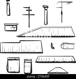 Vettore disegnato a mano di inchiostro. Set per la costruzione di tetti. Varie forme: Triangolare, piatta, regolare. Camini, canne fumarie. Gocciolatoio, antenne. Raffigurazione di herpes zoster e. Illustrazione Vettoriale