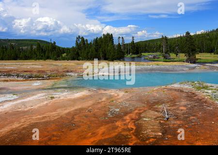 piscina con opale nero e tappetino antimicrobico sopra il fiume firehole nel bacino dei biscotti del parco nazionale di yellowstone, wyoming Foto Stock