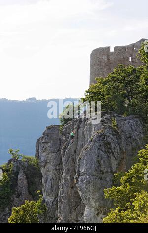 Ruin Reussenstein, castello di roccia sull'Alb sveva nel distretto di Esslingen, Neidlingen, Baden-Wuerttemberg, Germania Foto Stock
