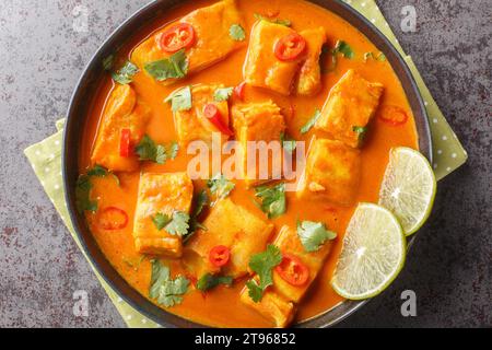 Primo piano di pesce piccante di pomodoro al cocco asiatico su un piatto sul tavolo. Vista superiore orizzontale dall'alto Foto Stock