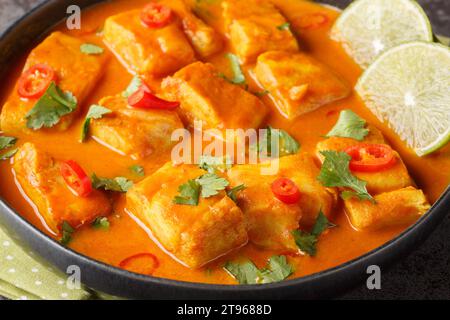 Primo piano di pesce piccante di pomodoro al cocco asiatico su un piatto sul tavolo. Orizzontale Foto Stock