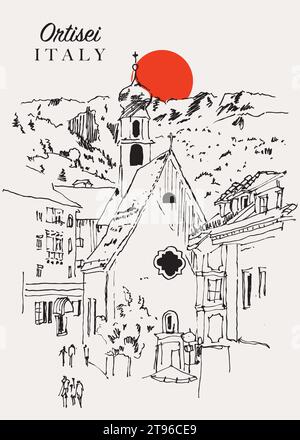 Illustrazione di uno schizzo vettoriale disegnato a mano di Ortisei, Italia Illustrazione Vettoriale