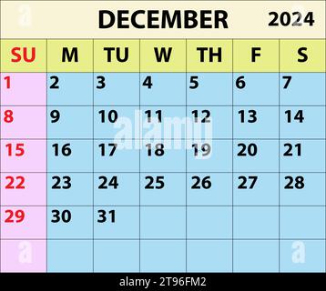 Calendario del mese di dicembre 2024 Design del calendario dell'illustratore vettoriale a colori. Illustrazione Vettoriale