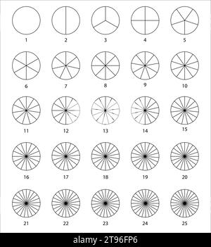 Frazioni di matematica, frazioni arrotondate vettoriali. contorno delle parti arrotondate. Un insieme di segmenti piccoli. Geometria semplice. Illustrazione vettoriale su trasparente Illustrazione Vettoriale