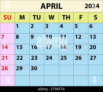 Calendario del mese di aprile 2024 Design del calendario dell'illustratore vettoriale a colori. calendario semplice e minimale. illustrazione vettoriale. Calendario mensile Design 2024. Illustrazione Vettoriale