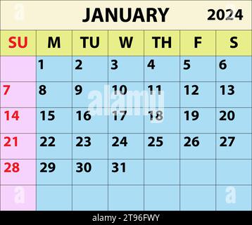 Calendario del mese di gennaio 2024 Design del calendario dell'illustratore vettoriale a colori. Illustrazione Vettoriale