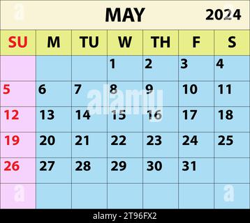 Calendario del mese di maggio 2024 Design del calendario dell'illustratore vettoriale a colori. Illustrazione Vettoriale