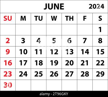 Calendario del mese DI GIUGNO 2024 Design del calendario dell'illustratore vettoriale a colori. calendario semplice e minimale. illustrazione vettoriale. Calendario mensile Design 2024. Illustrazione Vettoriale
