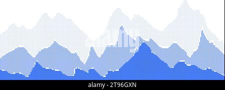 Paesaggio montano a mezzitoni blu con motivo a punti. Sfondo con tre file di rocce gradienti. Illustrazione vettoriale Screentone in stile pop art Illustrazione Vettoriale