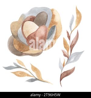 Acquerello Rosa fiore e foglie astratte. Grandi fiori di pesca con essiccato. Composizione beige pastello in moderno stile boho. Astratto dipinto a mano Foto Stock