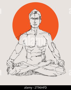 Illustrazione a mano libera di un uomo seduto e che pratica meditazione, yoga Illustrazione Vettoriale