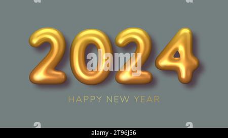 Numeri oro per il nuovo anno 2024 per biglietti d'auguri su sfondo grigio. 3d Happy New Year background. Illustrazione vettoriale Illustrazione Vettoriale