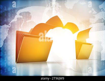 Trasferimento file. Due cartelle hanno trasferito i documenti. Dati, file, cartelle con file cartacei. illustrazione 3d. Foto Stock