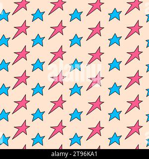 Motivo a stelle senza cuciture in stile doodle. Forme rosa e blu. Illustrazione vettoriale. Illustrazione Vettoriale