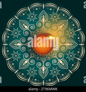Lussuoso motivo circolare in forma di mandala con diya di olio. Ornamento decorativo in stile etnico orientale. Festa Diwali. Festival delle luci Illustrazione Vettoriale