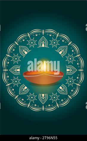 Lussuoso motivo circolare in forma di mandala con diya di olio. Ornamento decorativo in stile etnico orientale. Festa Diwali. Festival delle luci Illustrazione Vettoriale