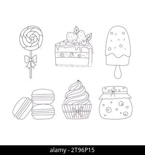 Set di dolci disegnati a mano e dessert. Lecca lecca, popsicle, macaron, cupcake, torta, marmellata. Illustrazione in bianco e nero vettoriale di contorno isolata Illustrazione Vettoriale