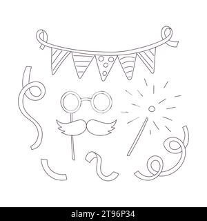 Nastro disegnato a mano, maschera in maschera, nastri, bandiere festive, sparkler. Elementi decorativi per le feste. Illustrazione in bianco e nero vettoriale del doodle Illustrazione Vettoriale