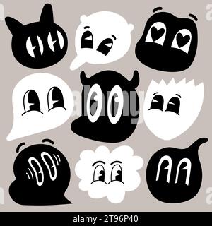 Cartoni retrò forma semplice volti divertenti. Visi minimalisti vintage anni '30 '60 '70 con varie emozioni sulle forme astratte Illustrazione Vettoriale