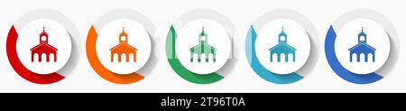 Religione, set di icone vettoriali per chiese, design piatto icone tonde colorate in 5 colori per la progettazione Web e le applicazioni mobili Illustrazione Vettoriale