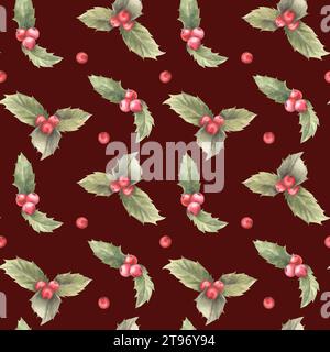 Illustrazione dipinta ad acquerello di foglie e bacche rosse. Ripetizione senza cuciture. Pianta tradizionale per decorazioni natalizie o di Capodanno, confezione regalo Foto Stock