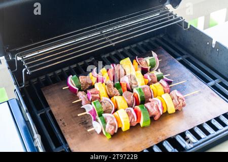 Delizie alla griglia: Manzo e verdure sfrigolanti sullo spiedino Foto Stock