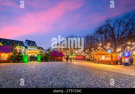 Basel, Svizzera. Favola di Natale al mercato Munsterplatz e Cattedrale di Munster, Confederazione Svizzera. Foto Stock