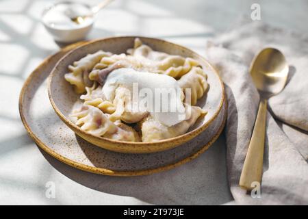 Gnocchi con ciliegie con panna acida e zucchero. Piatto tradizionale di cucina russa, Ucraina e bielorussa conosciuto come Vareniki Foto Stock