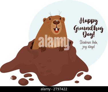 Il carino e gioioso animale guarda fuori dal buco. Tessera di vacanza Happy Groundhog Day. 2 febbraio. Illustrazione vettoriale Illustrazione Vettoriale