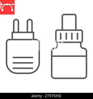 Icona linea anti-fumigatore zanzare, spina e sicurezza, icona vettore repellente per zanzare elettrico, grafica vettoriale, segno di contorno tratto modificabile, eps 10. Illustrazione Vettoriale