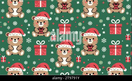 Gli orsi carini che indossano cappelli di Babbo Natale sono intervallati da scatole regalo rosse e delicati fiocchi di neve. Illustrazione Vettoriale