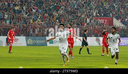 Lo sceicco Morsalin festeggia il suo accattivante gol che ha aiutato il Bangladesh a vincere un pareggio nel 1-1 contro la visita in Libano in una Qualifi di Coppa del mondo Foto Stock