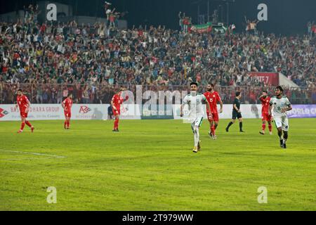 Lo sceicco Morsalin festeggia il suo accattivante gol che ha aiutato il Bangladesh a vincere un pareggio nel 1-1 contro la visita in Libano in una Qualifi di Coppa del mondo Foto Stock