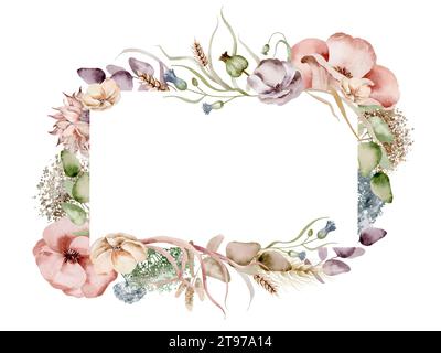 Cornice rettangolare in fiori selvatici. Cornice botanica ad acquerello di fiori essiccati su uno sfondo isolato. Un modello disegnato a mano per i biglietti di auguri Foto Stock