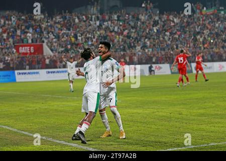 Lo sceicco Morsalin festeggia il suo accattivante gol che ha aiutato il Bangladesh a vincere un pareggio nel 1-1 contro la visita in Libano in una Qualifi di Coppa del mondo Foto Stock