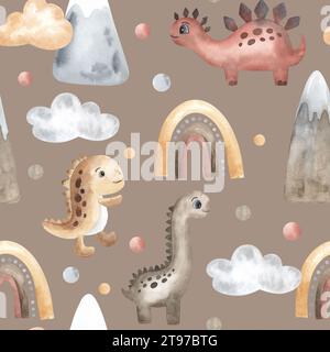 Dinosauri carini, mongolfiere, nuvole, arcobaleno. motivo acquerello senza cuciture, stile boho. Disegnato a mano. Tessuto, tessuto, carta da parati, design beige Foto Stock