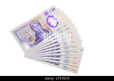 Banconote da 20 libbre / £ 20 / £ 20,00 sterlina britannica nuove banconote con numeri sequenziali, stampate da 1 foglio, emesse una dopo l'altra. REGNO UNITO (136) Foto Stock